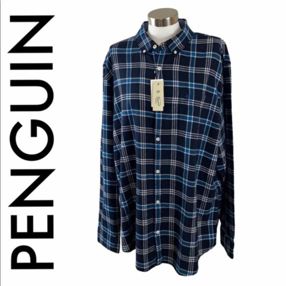 PENGUIN NWT‎ MEN’S BLUE WHITE PLAID SHIRT SIZE XXL